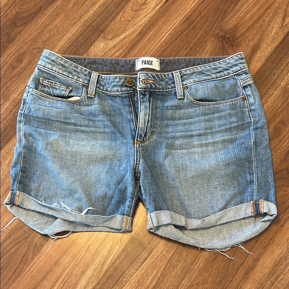 PAIGE Light Wash Rolled Hem Denim Shorts